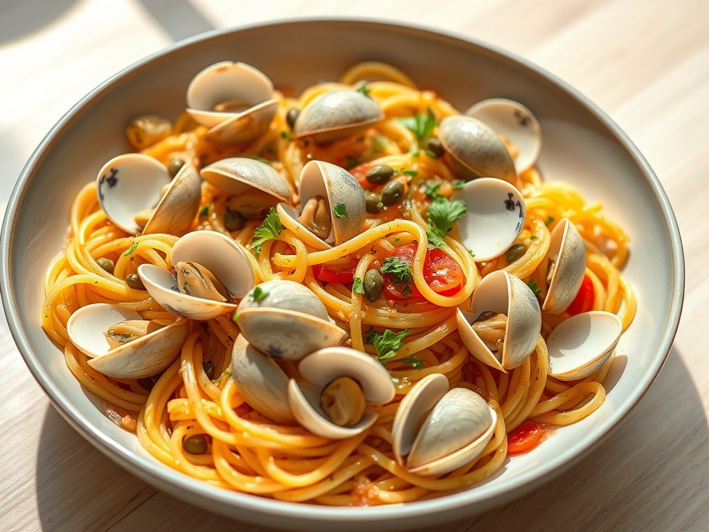 Venusschelpen met linguini, tomaat en kappertjes, AI-gegenereerde illustratie
