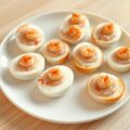 Verborgen gekookte eieren in cocktail-garnalensaus