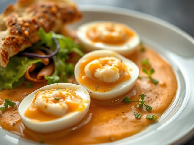 Verborgen gekookte eieren in cocktail-garnalensaus