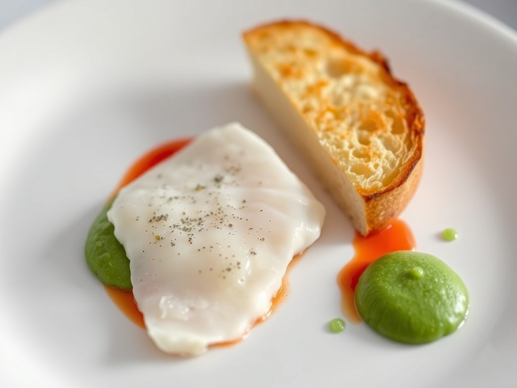 Verloren brood met rog en Niora piment, mousse van spinazie, AI-gegenereerde illustratie