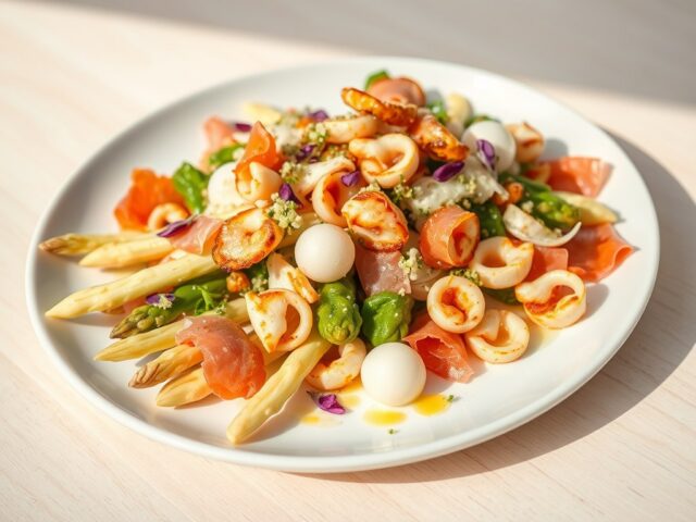 Verrassend lenteslaatje met asperges, inktvis en krokante parmaham