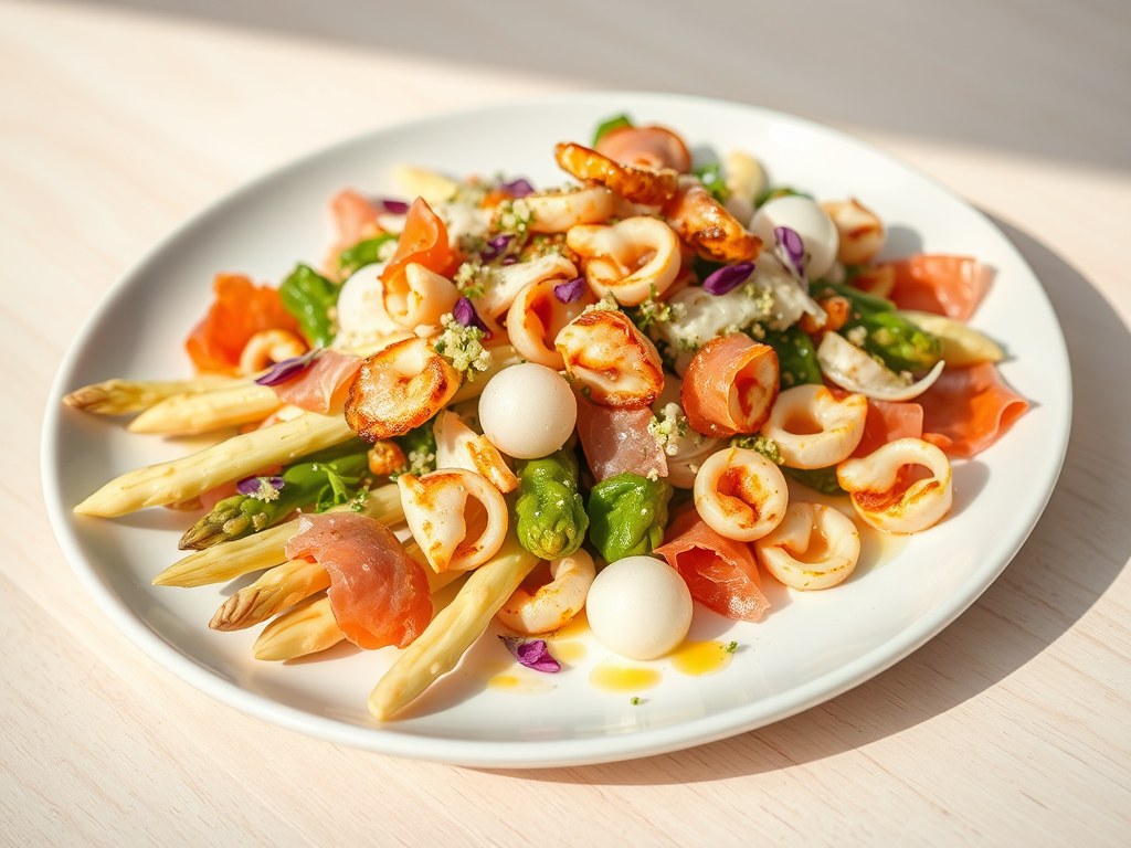 Verrassend lenteslaatje met asperges, inktvis en krokante parmaham, AI-gegenereerde illustratie