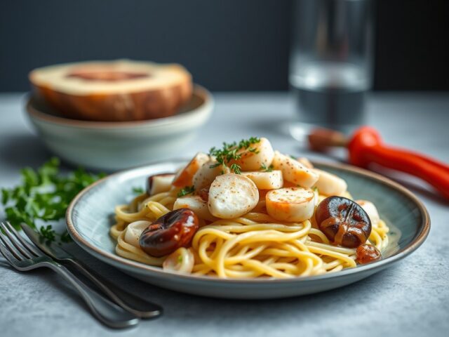Verrassend lenteslaatje met asperges, inktvis en krokante parmaham — AI-gegenereerde illustratie