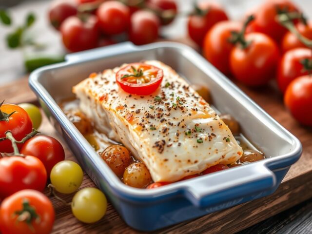 Verrassende ovenschotel met kabeljauw, druiven en tomaten