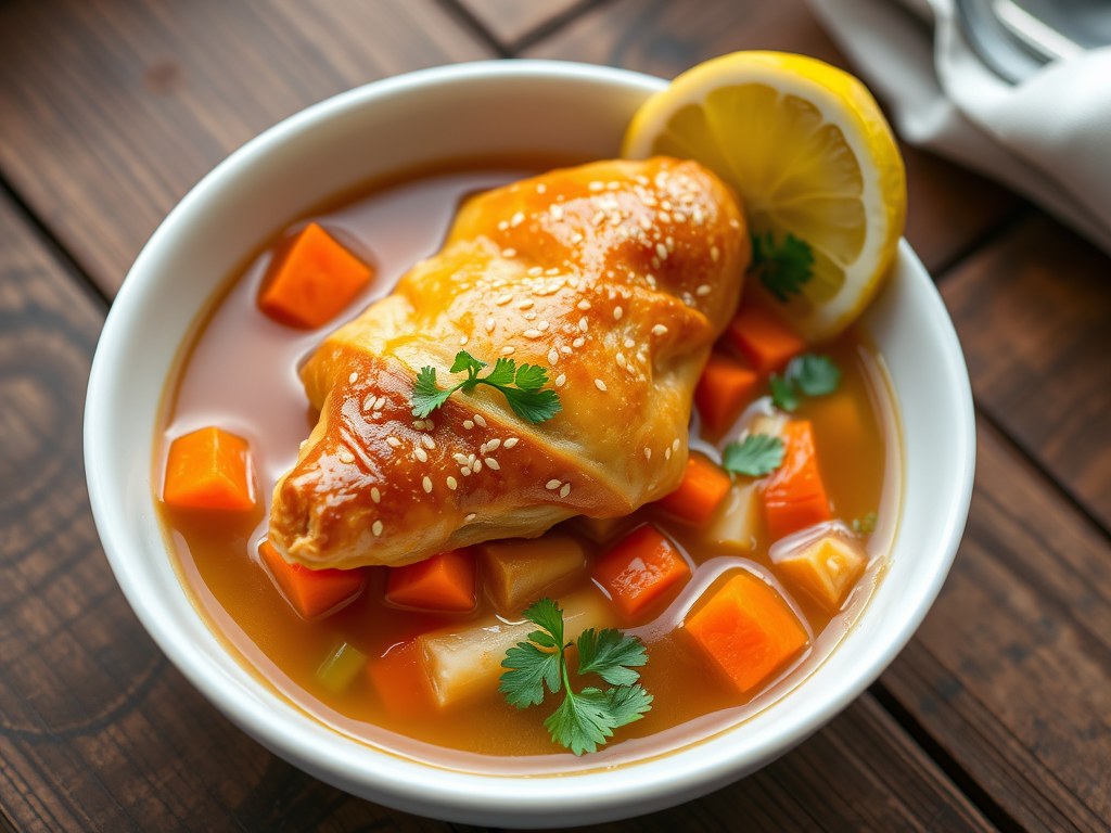 Verse kippenbouillon met bladerdeegvormpjes, AI-gegenereerde illustratie