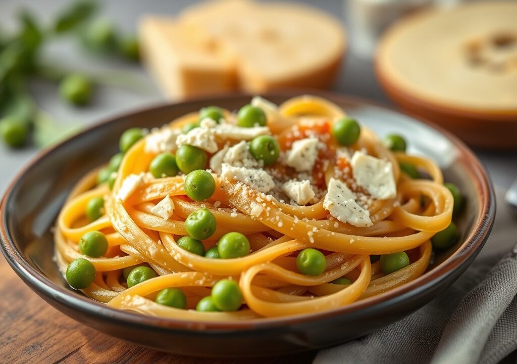 Verse morieljes met doperwten en Parmezaanse kaas Pasta Barolo — AI-gegenereerde illustratie