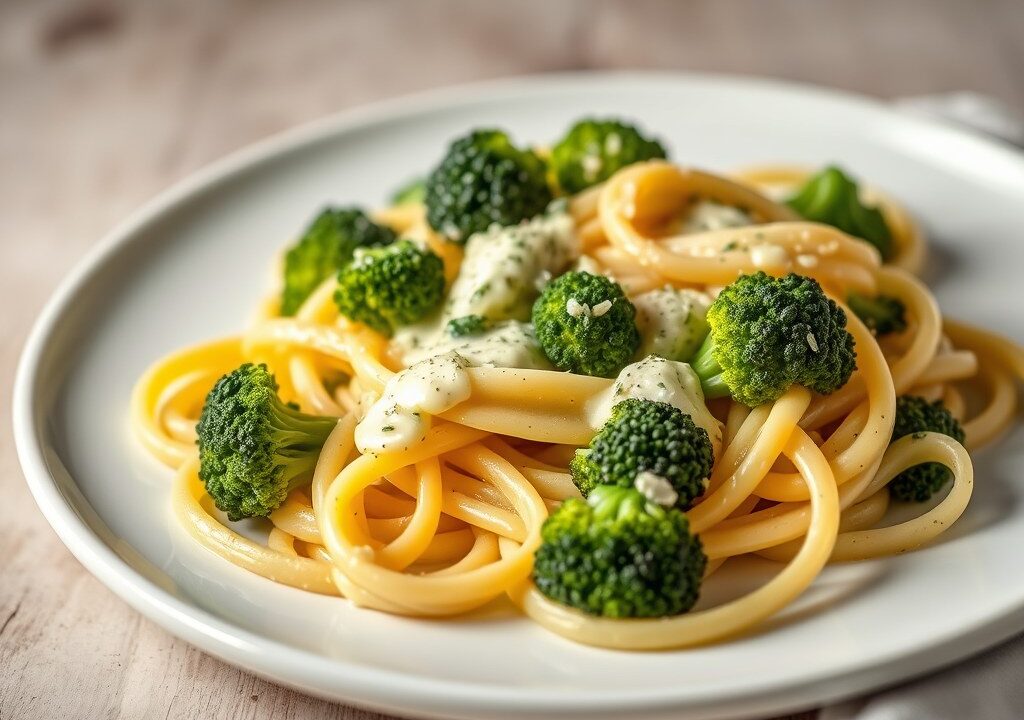 Verse Tagliatelle met (Paarse) Broccoli en dunne Kaassaus, AI-gegenereerde illustratie