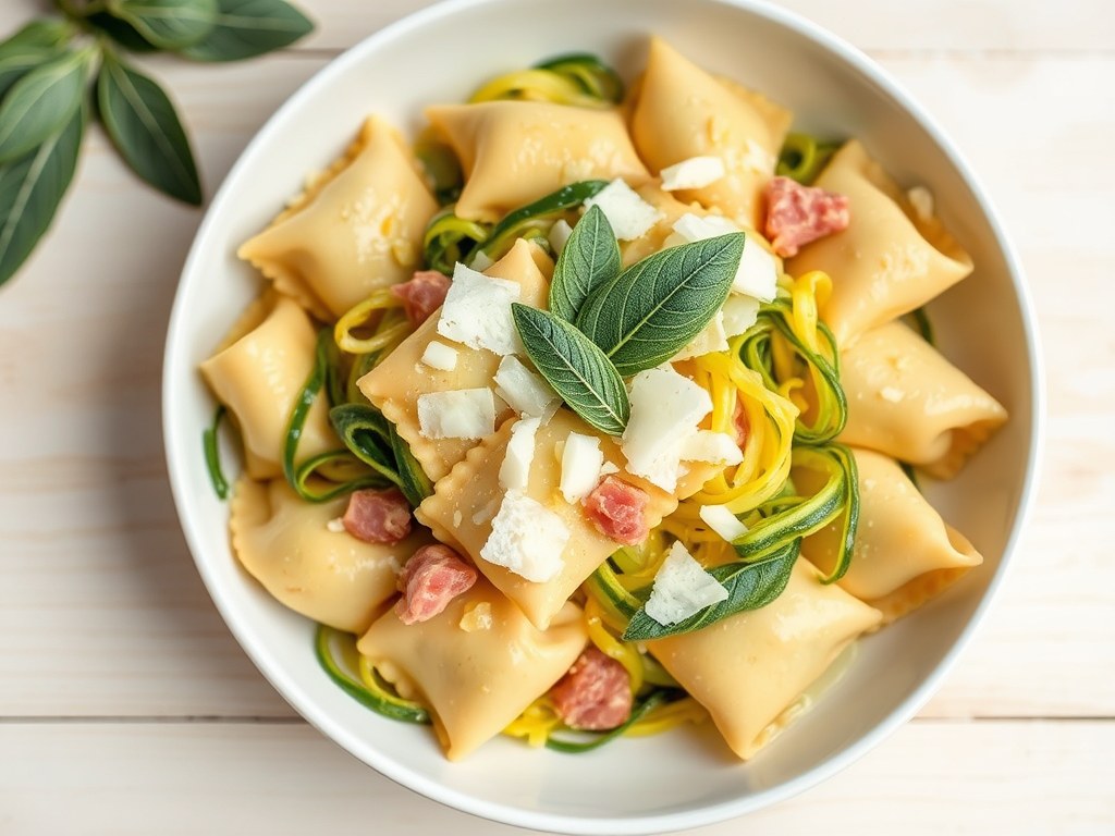 Verse tortelloni met courgette en salieboter, AI-gegenereerde illustratie