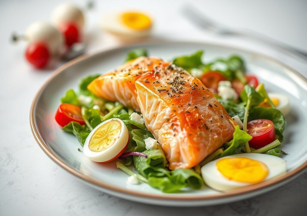 Verse zalmsalade met kruiden — AI-gegenereerde illustratie