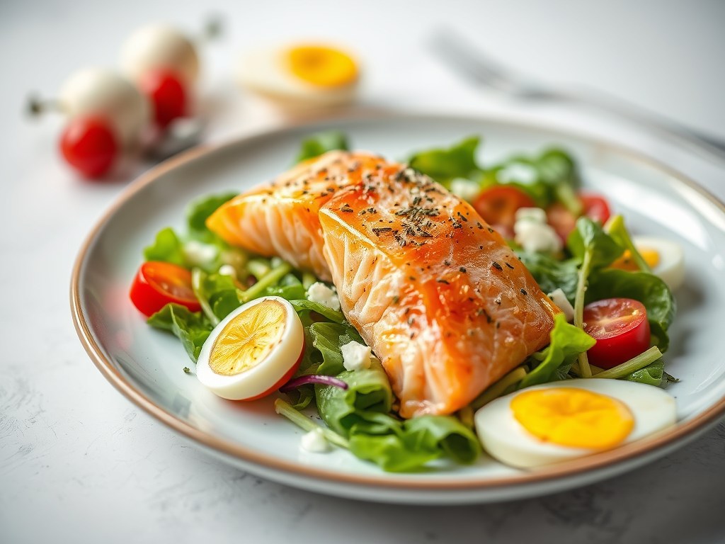 Verse zalmsalade met kruiden, AI-gegenereerde illustratie