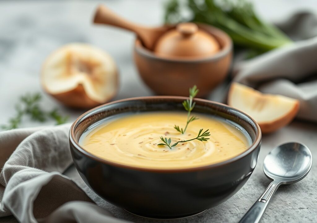 Vichyssoise (verfijnde aardappel-preisoep) — AI-gegenereerde illustratie