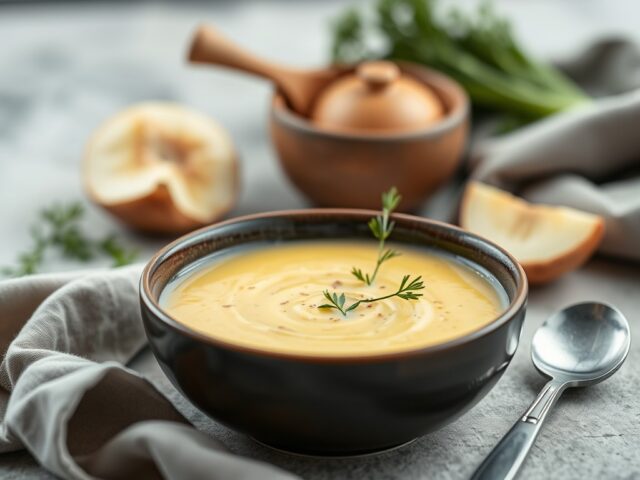 Vichyssoise (verfijnde aardappel-preisoep) — AI-gegenereerde illustratie