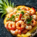 Victoria-ananas met een slaatje van tijgergarnalen