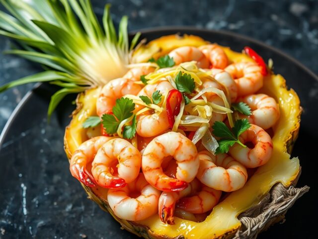 Victoria-ananas met een slaatje van tijgergarnalen