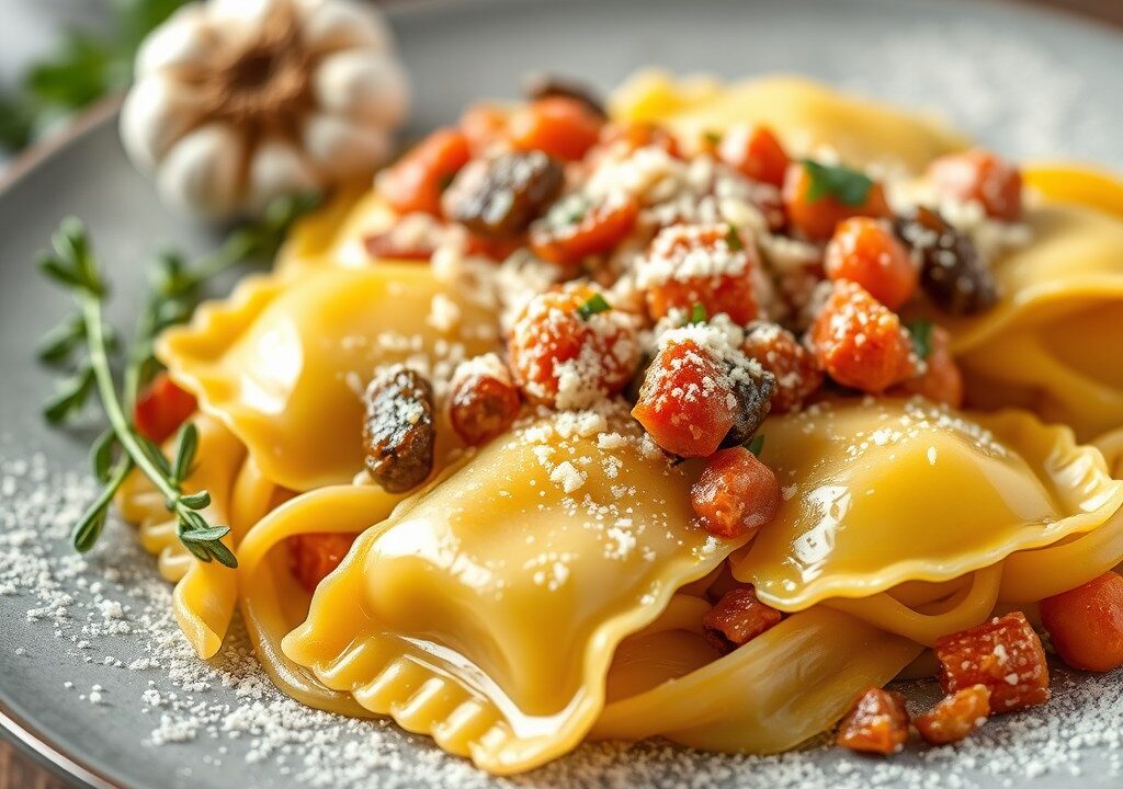 Vierkazenravioli met knoflooksalieboter, AI-gegenereerde illustratie