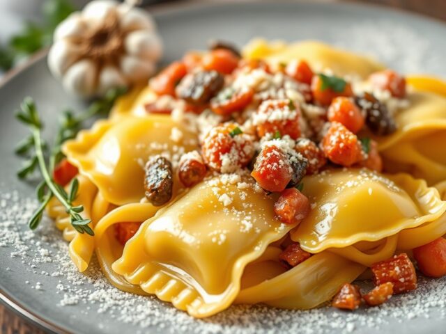 Vierkazenravioli met knoflooksalieboter — AI-gegenereerde illustratie
