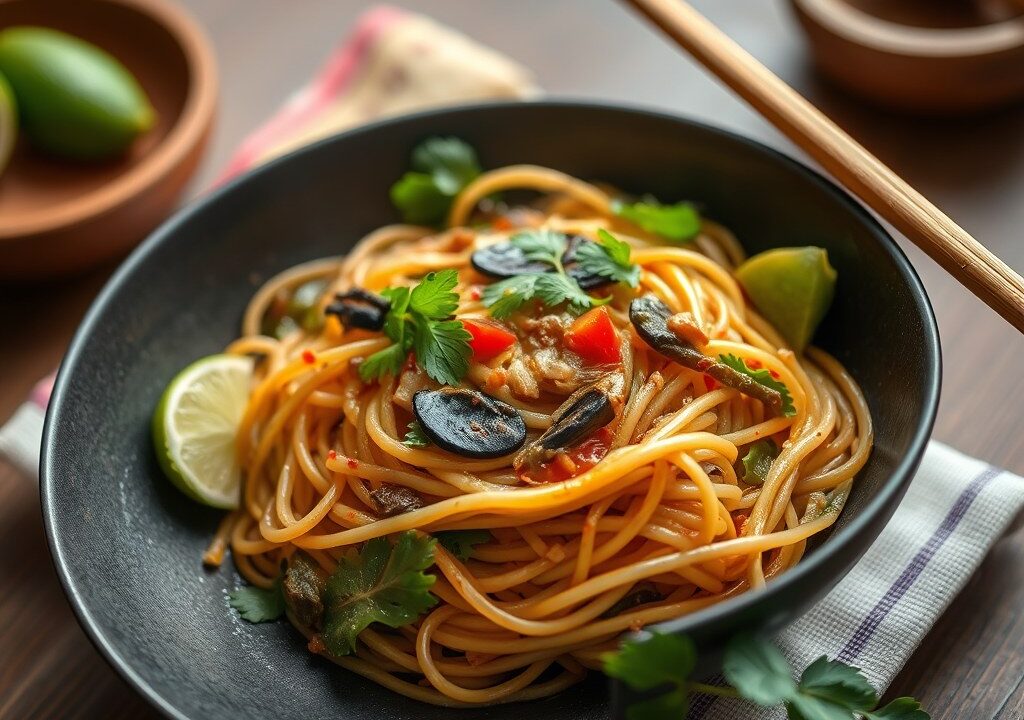 Vietnamese mie met limoen en pinda’s, AI-gegenereerde illustratie