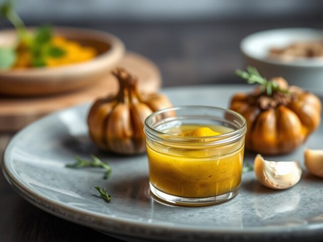 Vinaigrette – dressing met geroosterde knoflook — AI-gegenereerde illustratie