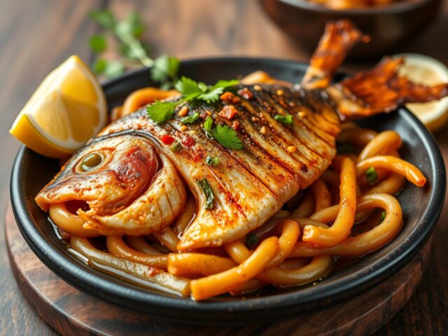 Vis Bumbu Bali Gerechten ( = Ikan Bumbu Bali) — AI-gegenereerde illustratie