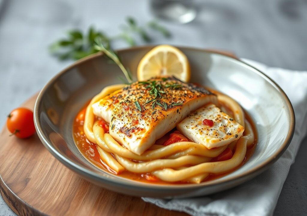 Vis in amandel-tomatensaus met purée citronné, AI-gegenereerde illustratie