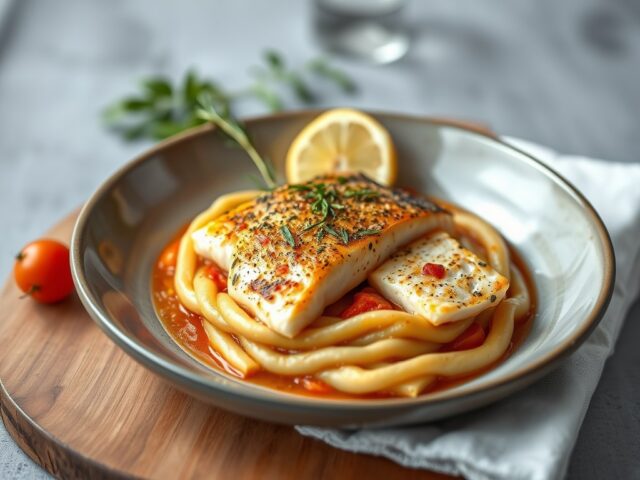 Vis in amandel-tomatensaus met purée citronné — AI-gegenereerde illustratie