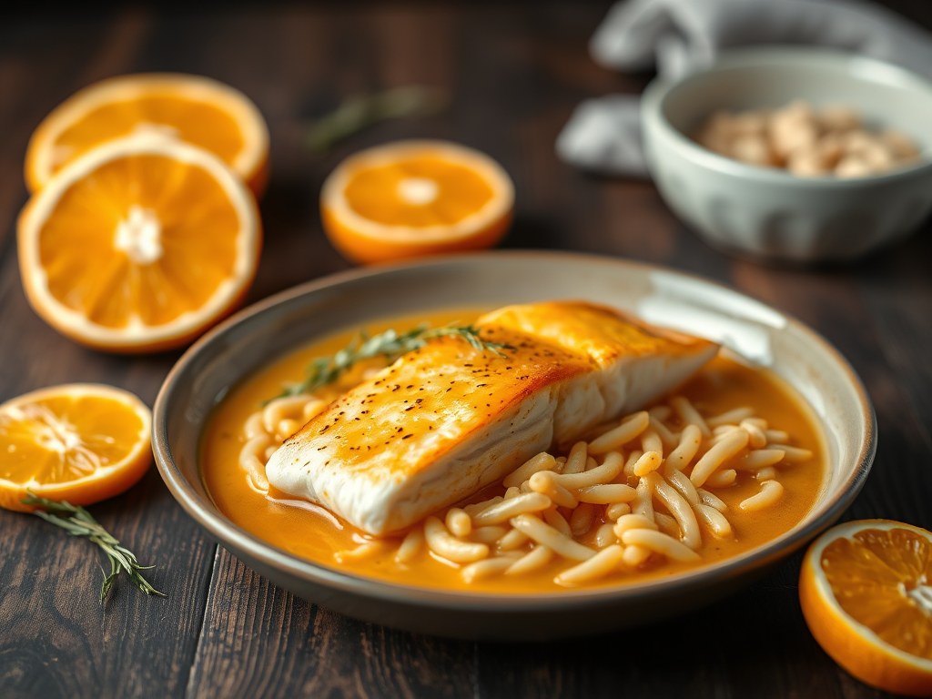 Vis in sinaasappelsaus, AI-gegenereerde illustratie