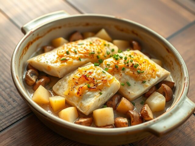 Vis met aardappel en champigons
