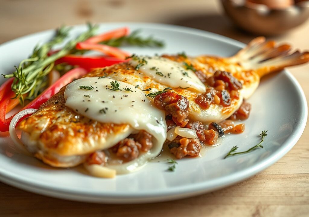 Vis met kaas en ui uit de oven (Piská na fornu), AI-gegenereerde illustratie