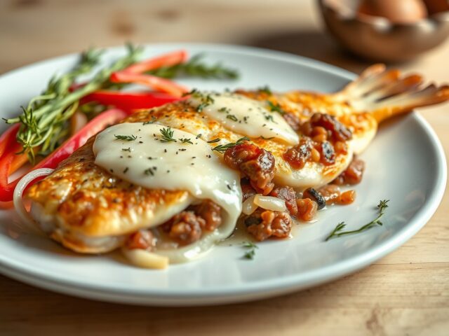 Vis met kaas en ui uit de oven (Piská na fornu) — AI-gegenereerde illustratie