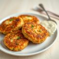 Visaardappelkoekje in rood jasje