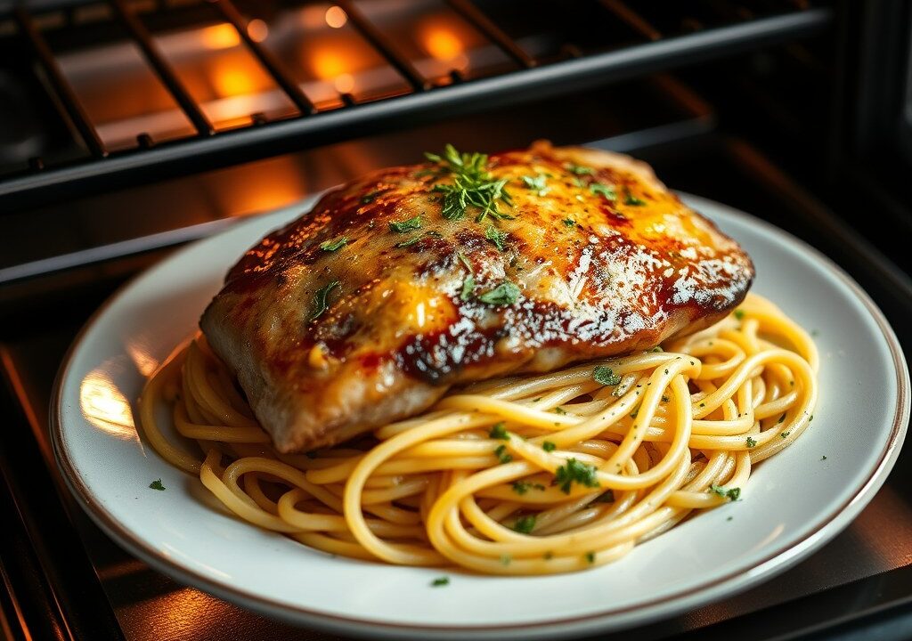 Visfilet uit de oven met knoflookspaghetti, AI-gegenereerde illustratie