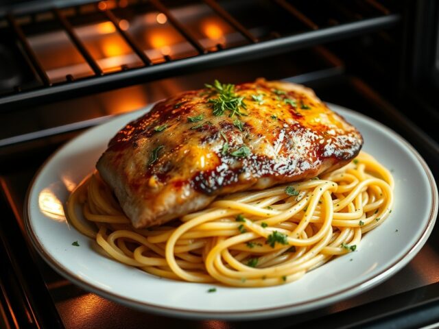 Visfilet uit de oven met knoflookspaghetti — AI-gegenereerde illustratie
