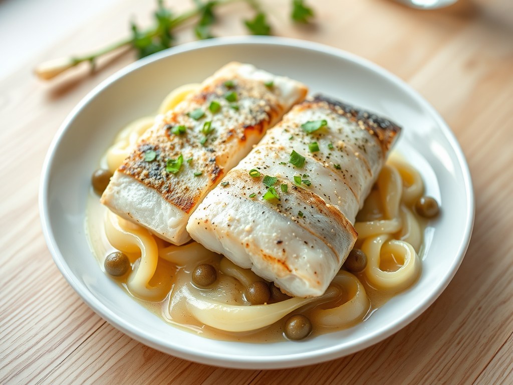Visfilets met prei en kappertjes, AI-gegenereerde illustratie