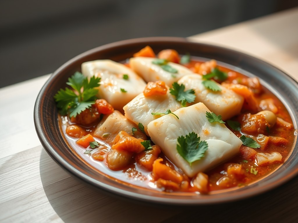 Visfilets met tomaten en koriander, AI-gegenereerde illustratie