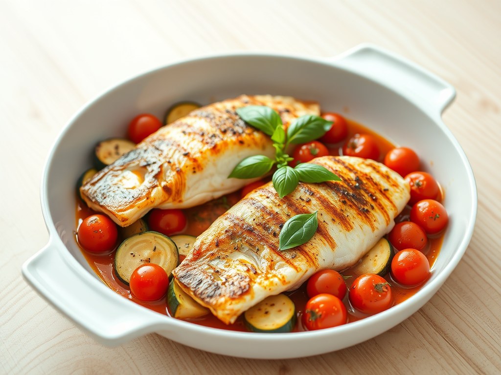 Visfilets uit de oven met venkel,kerstomaatjes en, AI-gegenereerde illustratie
