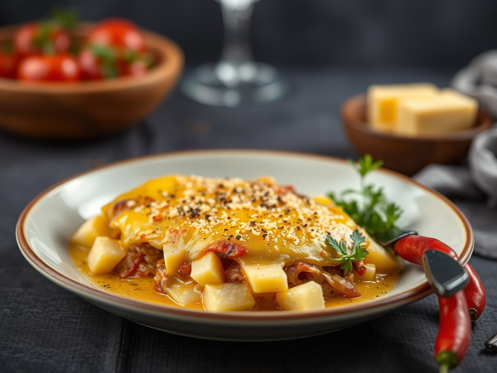 Visgratin met Oud Brugge, AI-gegenereerde illustratie