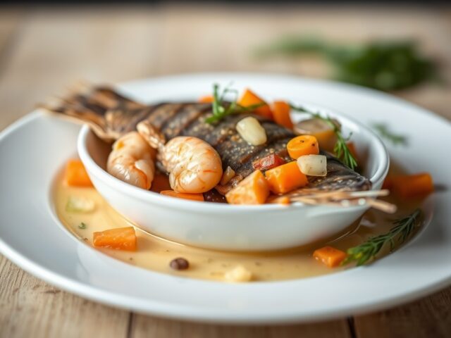 Vismoussenestje van forel met gamba’s