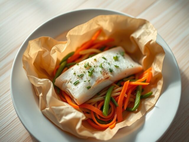 Vispakketje uit de oven met groente julienne