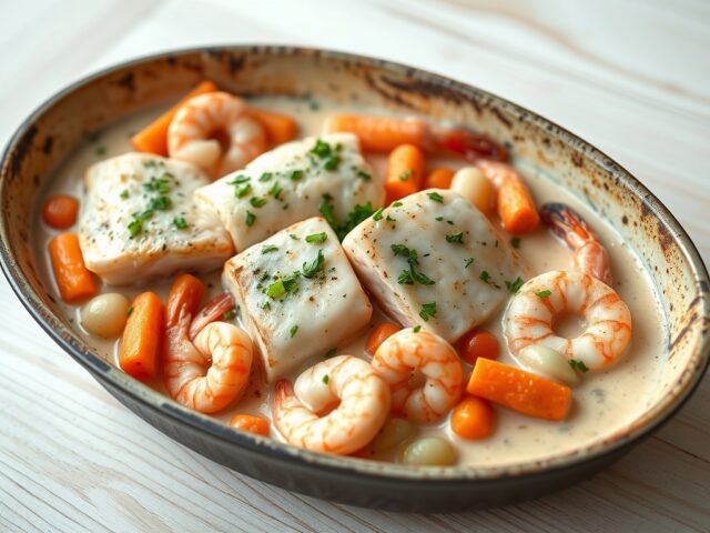 Vispannetje met zalm en kabeljauw in de oven