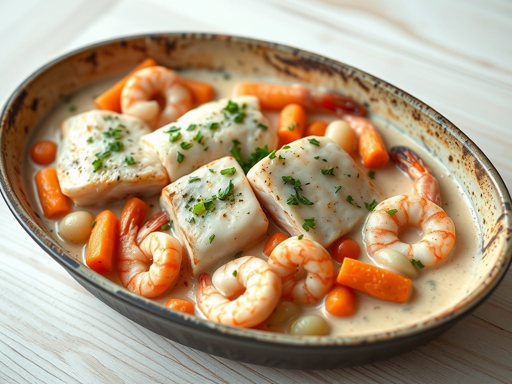 Vispannetje met zalm en kabeljauw in de oven, AI-gegenereerde illustratie