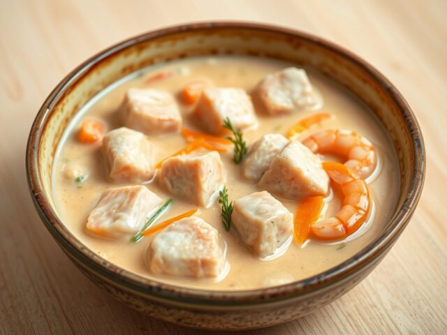 Vispotje met prei, wortel, gamba’s, zalm en pangasius