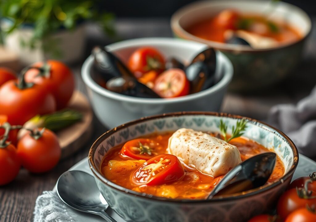 Vissoep met Tomaten op z’n Spaans, AI-gegenereerde illustratie