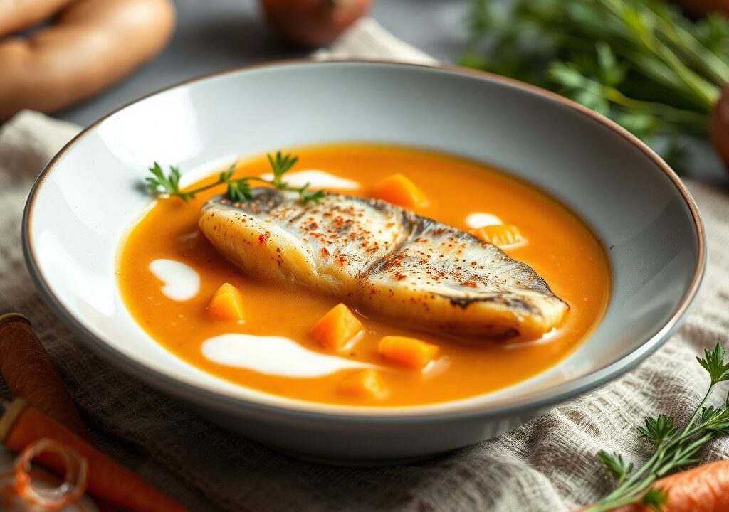 Vissoep met zoete aardappel, AI-gegenereerde illustratie