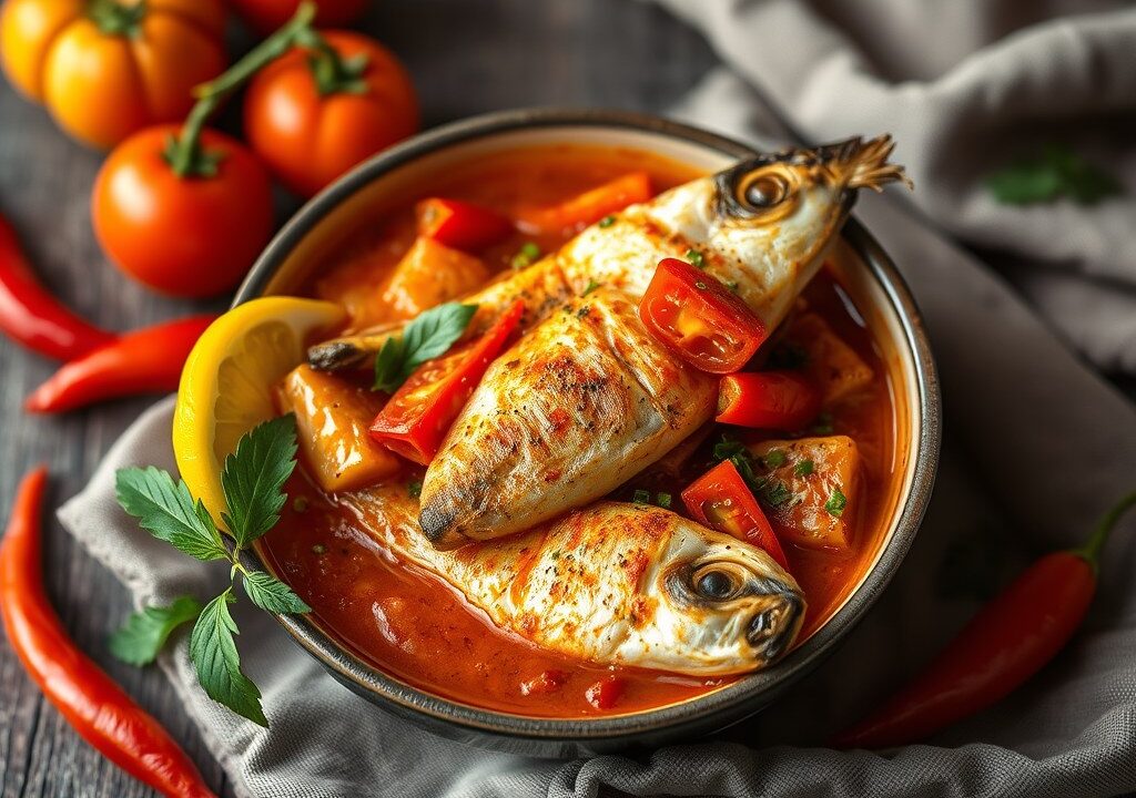 Visstoofpot Portugal-eenpans CALDEIRADA variant, AI-gegenereerde illustratie