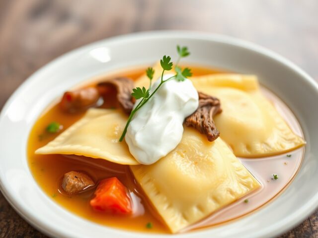 Vivido brodobovinae con ravioli da shiitake