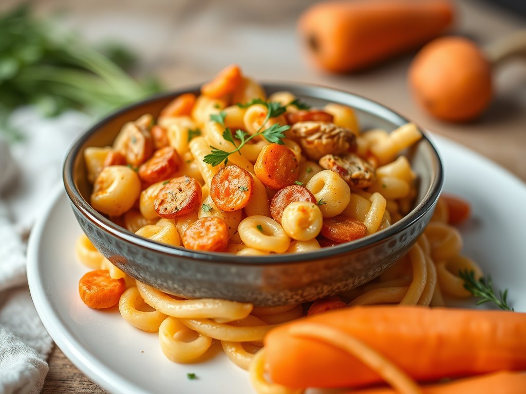Vlindermacaroni met doperwtjes, wortel, gerookte kip, AI-gegenereerde illustratie