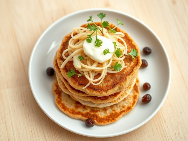 Volkoren pannenkoekjes met zuurkool en waterkers