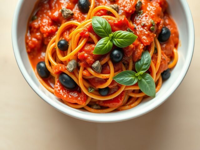 Volkoren pasta met pikante tomatensaus