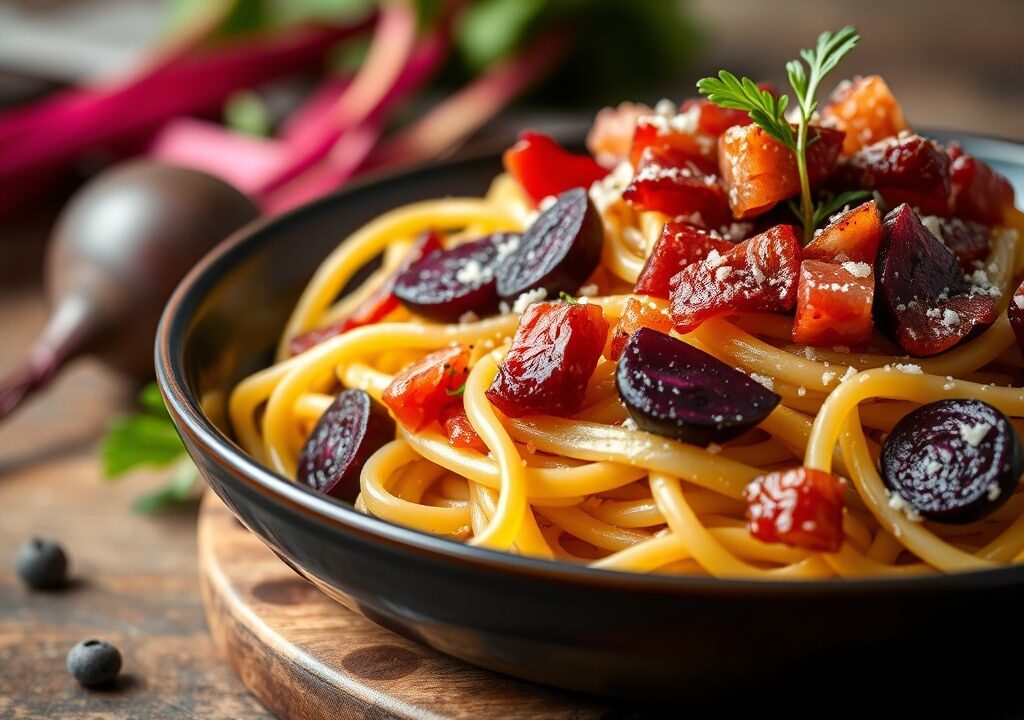 Volkorenpasta met bacon en geroosterde bieten, AI-gegenereerde illustratie