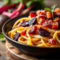 Volkorenpasta met bacon en geroosterde bieten